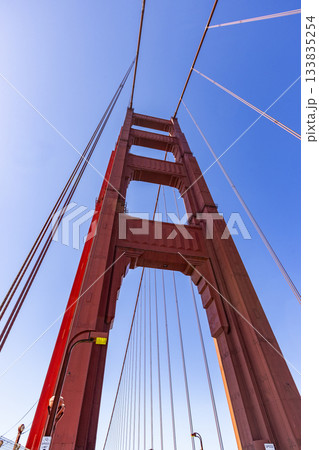 Low angle view of Golden Gate Bridge against clear blue sky Low angle view of Golden Gate Bridge against clear blue sky 133835254
