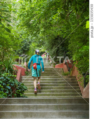 Rear view of woman walking up treelined stairs Rear view of woman walking up treelined stairs 133835430