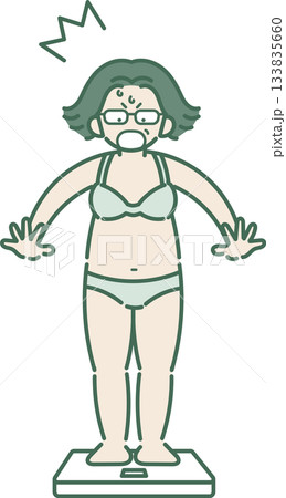 体重計に乗り、増えた体重に驚愕する40代女性のイラスト 体重計に乗り、増えた体重に驚愕する40代女性のイラスト 133835660