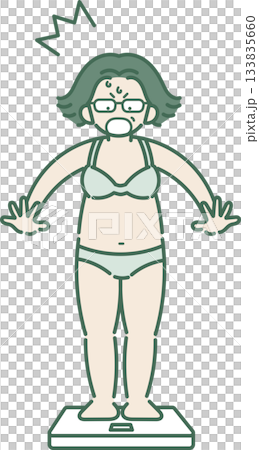 插圖描繪了一位四十多歲的女性站上體重秤，對自己的體重增加感到震驚。 133835660