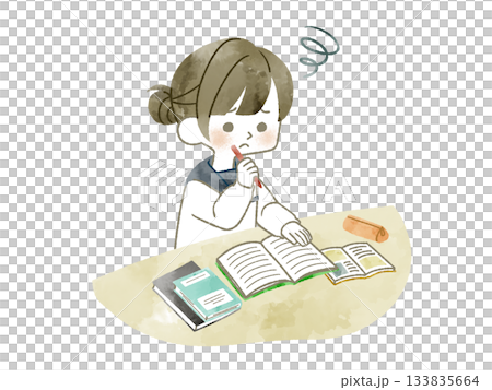 Female student worried about studying-Watercolor Female student worried about studying-Watercolor 133835664