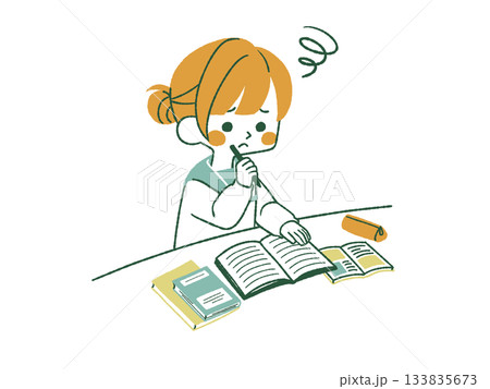 勉強中に悩んでいる女子学生-4色 勉強中に悩んでいる女子学生-4色 133835673