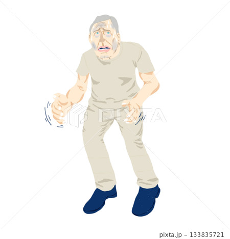 低血糖症状を示す高齢男性の全身イラスト｜震え・冷や汗・ふらつきなど看護教材向け 133835721