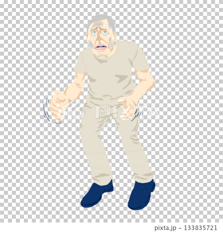 低血糖症状を示す高齢男性の全身イラスト｜震え・冷や汗・ふらつきなど看護教材向け 133835721