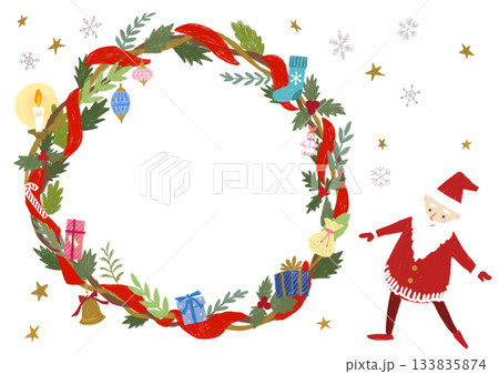 可愛いクリスマスのサンタとリースのフレーム 可愛いクリスマスのサンタとリースのフレーム 133835874