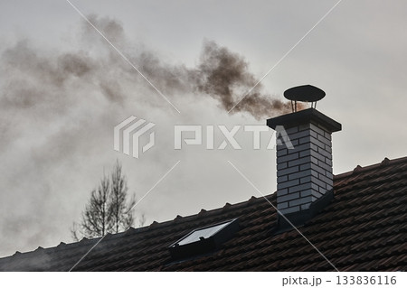Smoking Chimney on a Roof 133836116