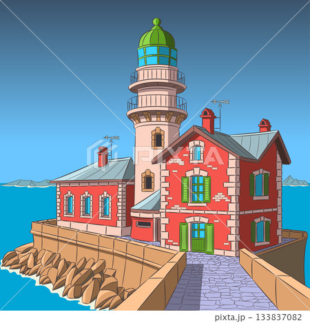 Vector color illustration of a stone lighthouse on a rocky coastline Vector color illustration of a stone lighthouse on a rocky coastline 133837082