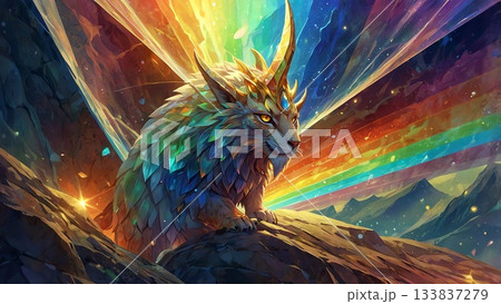 ゲーム背景　ファンタジー世界で出てくる幻獣虹の獅子王 133837279