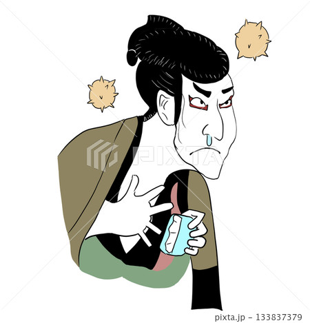 花粉症で苦しむ浮世絵風の男性 133837379