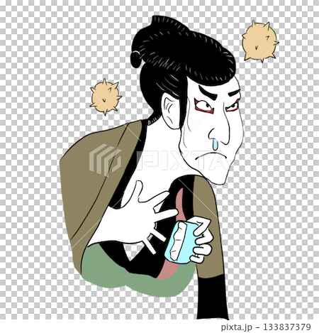 花粉症で苦しむ浮世絵風の男性 133837379