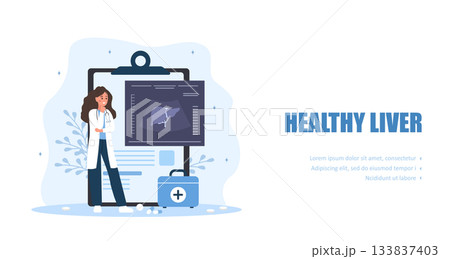 Healthy liver concept. Sonographic assessment of liver pathology. Gastroenterologist analyzing ultrasound images for disease diagnosis. Vector illustration in flat cartoon style Healthy liver concept. Sonographic assessment of liver pathology. Gastroenterologist analyzing ultrasound images for disease diagnosis. Vector illustration in flat cartoon style 133837403