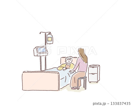 ベッドで横になる高齢女性と側に座る女性、病院、入院 133837435