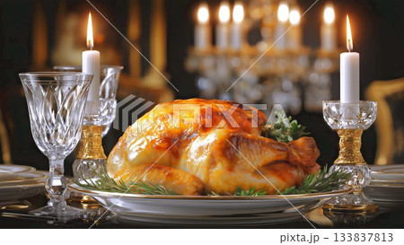 Roasted turkey with golden brown skin, herb garnish and glistening juices on white and gold plate, set amid candlelight, crystal stemware and festive table decor Roasted turkey with golden brown skin, herb garnish and glistening juices on white and gold plate, set amid candlelight, crystal stemware and festive table decor 133837813