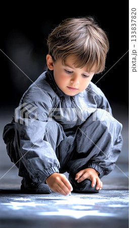 Young teen wearing gray overalls drawing intently with chalk on ground, concentrating deeply while creating colorful artwork against shadowy background, creative child 133837820