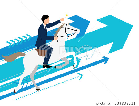 企業年賀状 2026 白馬に乗って走るビジネスマンと青い矢印のイラスト、ベクター素材 133838311