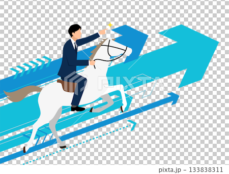 企業年賀状 2026 白馬に乗って走るビジネスマンと青い矢印のイラスト、ベクター素材 133838311