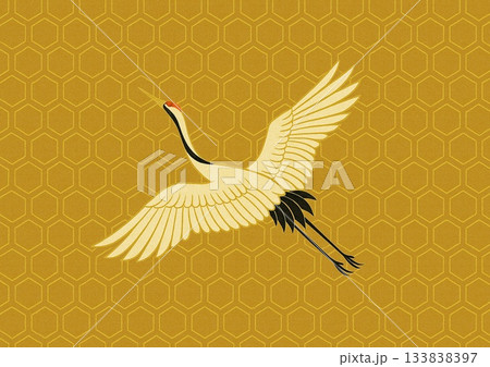 亀甲紋に鶴が舞うイラスト 133838397