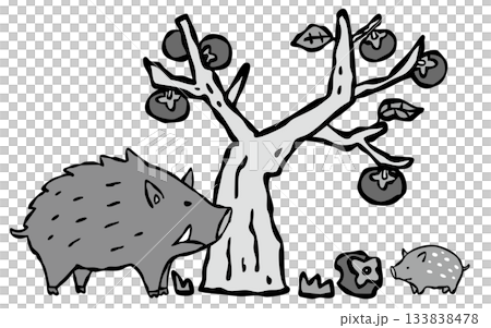 民家の庭に入り込むイノシシの親子 柿の木 民家の庭に入り込むイノシシの親子 柿の木 133838478