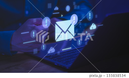 Cybersecurity email concept with phishing alert notification on laptop screen, symbolizing data protection, spam warning, online scam, and secure communication in digital business. Cybersecurity email concept with phishing alert notification on laptop screen, symbolizing data protection, spam warning, online scam, and secure communication in digital business. 133838534