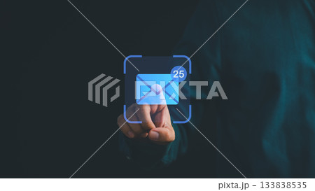 Hand pressing digital email icon with notification symbol, representing new messages, online communication, inbox management, business correspondence, and modern technology in digital networking. Hand pressing digital email icon with notification symbol, representing new messages, online communication, inbox management, business correspondence, and modern technology in digital networking. 133838535