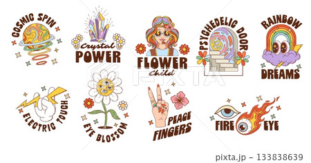 Funky Y2K groovy hippie character retro stickers with psychedelic trippy daisy flower, cartoon vector. Groovy stickers and Y2K t shirt prints with rainbow space planet and love peace fingers gesture Funky Y2K groovy hippie character retro stickers with psychedelic trippy daisy flower, cartoon vector. Groovy stickers and Y2K t shirt prints with rainbow space planet and love peace fingers gesture 133838639