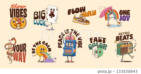 Retro hippie Y2K groovy characters stickers with funny smiles, cartoon vector. Y2K groovy stickers with emoji vomiting rainbow, psychedelic mushroom with retro radio and gamble card character 133838643