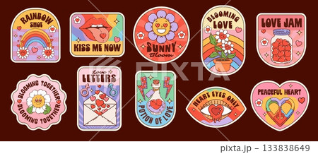 Hippie love groovy stickers, Valentine retro patches with funky smiles, cartoon vector. Valentine Y2K love stickers of psychedelic daisy flower, groovy rainbow with flowers and heart in love message 133838649