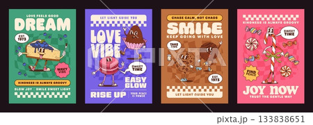 Funny sweets and bakery dessert groovy characters posters with motivational quotes. Playful retro y2k typography and dancing pie, cupcakes, cookies, and candy cane food personages radiate positivity Funny sweets and bakery dessert groovy characters posters with motivational quotes. Playful retro y2k typography and dancing pie, cupcakes, cookies, and candy cane food personages radiate positivity 133838651