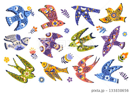 Ethnic scandinavian vector birds, decorated with folk hand drawn animal characters, floral and geometric pattern. Nordic tribal culture, fabric textile print, ethnic craft scandinavian birds 133838656