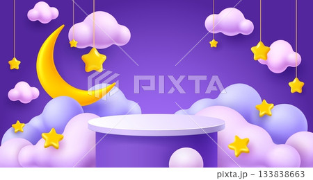 3d kids podium with night sky stars, moon and clouds. Cartoon vector dreamy circular scene with round platform, soft clouds, crescent moon and hanging stars. Magical background for showcasing products 3d kids podium with night sky stars, moon and clouds. Cartoon vector dreamy circular scene with round platform, soft clouds, crescent moon and hanging stars. Magical background for showcasing products 133838663