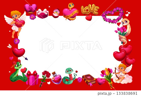 Valentine day holiday frame with hearts, cupids and flowers, vector greeting card template. Valentine day frame of cherub angel cartoon characters, snakes with roses and heart balloons or wedding ring 133838691