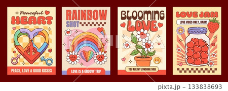 Groovy hippie love characters on Valentine posters with hearts and rainbows, cartoon vector. Valentine day Y2K retro groovy hippie posters with hearts in jar, female and male signs or romantic quotes 133838693