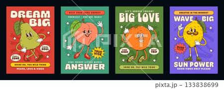 Ripe fruits groovy hippie characters posters. Vector set of pear, peach, orange, and lemon retro personages with smiling faces and vintage sneakers, promoting joy, positivity, selflove and good vibes Ripe fruits groovy hippie characters posters. Vector set of pear, peach, orange, and lemon retro personages with smiling faces and vintage sneakers, promoting joy, positivity, selflove and good vibes 133838699