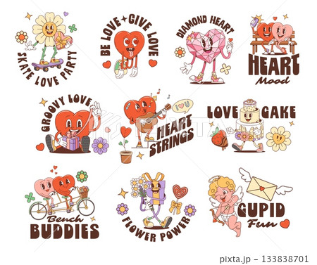 Valentine love characters, hippie Y2K groovy stickers with love quotes, vector t shirt prints. Valentine day cartoon groovy stickers with hearts riding bicycle, flower and wedding cake with happy face Valentine love characters, hippie Y2K groovy stickers with love quotes, vector t shirt prints. Valentine day cartoon groovy stickers with hearts riding bicycle, flower and wedding cake with happy face 133838701