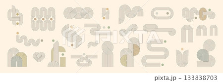 Zen arch elements with line pattern. Modern geometric design combines retro rainbow organic form, loop and wave, knot or arch, circle, heart and vertical column. Nordic inspired boho balance elements Zen arch elements with line pattern. Modern geometric design combines retro rainbow organic form, loop and wave, knot or arch, circle, heart and vertical column. Nordic inspired boho balance elements 133838703