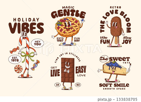 Dessert groovy characters stickers and sweets t shirt prints. Funky retro mascots chocolate bar, cheesecake, candy cane, pie and popsicle with funny cartoon faces. Vector dessert with 70s hippie vibe 133838705