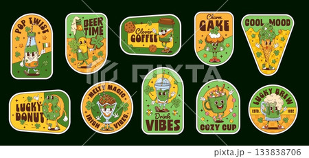 St Patrick day hippie groovy label stickers with funny characters for Irish holiday, cartoon vector. Groovy green ale beer with funny face and cupcake in leprechaun hat for Saint Patrick stickers 133838706