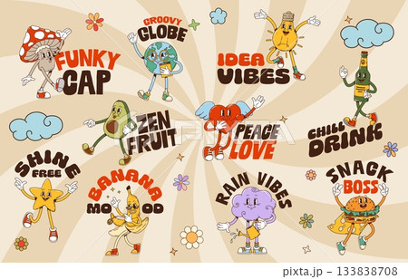 Vintage funny Y2K groovy characters stickers for label patches, cartoon vector set. Groovy stickers with funky mushroom whistling and cool freaky banana, love heart character with happy smile on face 133838708