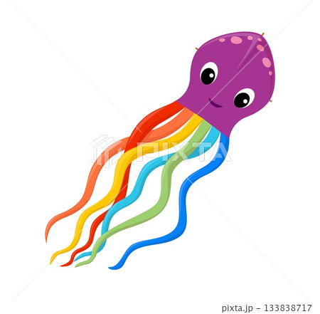 Cartoon paper kite shaped as octopus with a purple head and big cartoon eyes, featuring long rainbow tentacles flowing behind. Cute vector kids toy for happy game and traditional entertainment 133838717