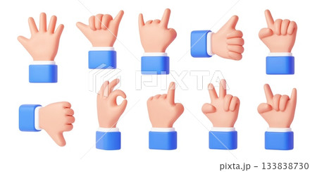 3d hand gestures, realistic arm icons. Vector human arms with thumbs up, pointing, peace sign and okay, fist and rock gesture, open palm hand for emoji and social media 133838730