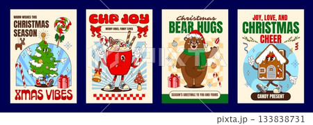 Christmas groovy hippie characters vintage posters. Vector festive retro greeting cards with cartoon decorated tree, hot cocoa mug, cheerful bear, and gingerbread house with seasonal holiday gifts Christmas groovy hippie characters vintage posters. Vector festive retro greeting cards with cartoon decorated tree, hot cocoa mug, cheerful bear, and gingerbread house with seasonal holiday gifts 133838731
