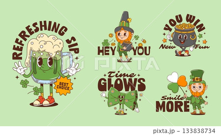 Retro funny groovy St Patrick Day characters stickers and t shirt prints, cartoon leprechaun with lucky clovers. Vector groovy stickers of cute gold pot, St Patrick Day green beer, bowtie characters 133838734