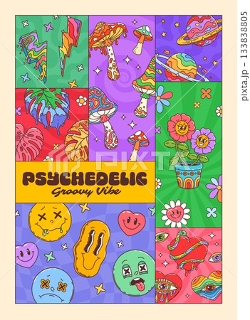 Groovy characters collage poster with psychedelic smiles and mushrooms, vector hippie art. Retro poster with groovy rainbow planets, funky daisy flowers and freaky melting smile emoji and hearts 133838805