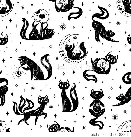 Magic mystic black cats on witchcraft seamless pattern of esoteric witch animal, vector background. Mystic cats pattern in magic ornament with mystery skull and celestial planets in Boho design 133838823