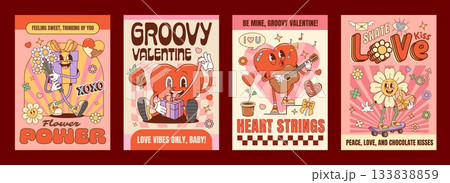 Valentine groovy hippie love characters posters with funky heart and flower, cartoon vector. Valentine day Y2K groovy funny heart character with guitar, love gift and daisy flower on retro posters 133838859