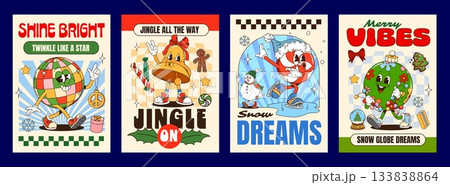Vintage Christmas groovy hippie characters xmas posters. Vector retro holiday disco ball, Christmas bell, festive ornament and candy on ice skates, surrounded by snowflakes, bows and seasonal gifts Vintage Christmas groovy hippie characters xmas posters. Vector retro holiday disco ball, Christmas bell, festive ornament and candy on ice skates, surrounded by snowflakes, bows and seasonal gifts 133838864
