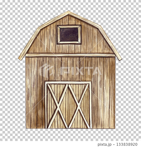 Wooden farm shed. Hand-drawn watercolor illustration. Concept of an agricultural structure. Element of banner, label, postcard design, and more. 133838920