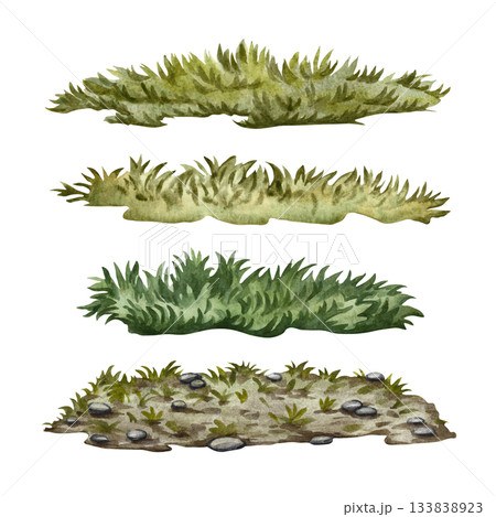 A set of elements made of green grass. Watercolor illustration. Construction set elements, landscapes, garden, yard, and more. 133838923