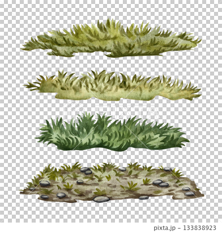 A set of elements made of green grass. Watercolor illustration. Construction set elements, landscapes, garden, yard, and more. 133838923
