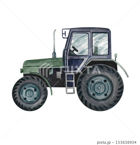 Green agricultural tractor. Hand-drawn watercolor illustration. Concept of agricultural machinery. Element of banner, label, postcard, and more design. 133838934